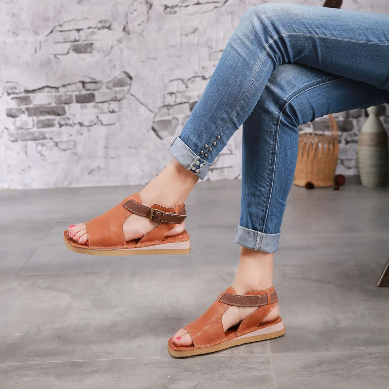 JINBEILEE New flat bottom outdoor sandals female retro solid suede leather buckle casual fish mouth beach sandals JINBEILEE New flat bottom outdoor sandals female retro solid suede leather buckle casual fish mouth beach sandals