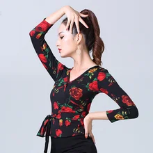 С длинным рукавом цветочный принт Современная сексуальная одежда для латинских танцев Топ для женщин/женщин, костюмы для бальных Танго одежда для выступлений YT0415