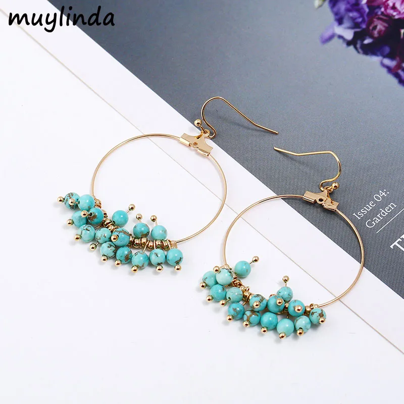 Turquoise Очаровательные серьги-кольца с камнями, модные большие круглые серьги с природой, женские вечерние ювелирные изделия - Окраска металла: Turquoise