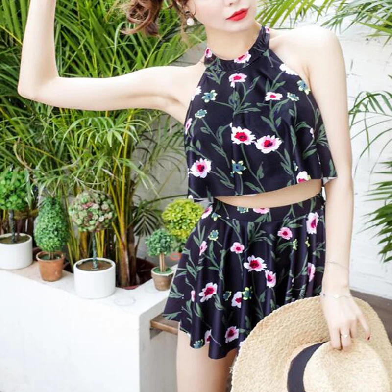 5New Style Two Piece Swimsuit Flower Print Red Sexy Women Swimwear Bathing Costume Vacation Slim Swimming Clothing For Teen Girls