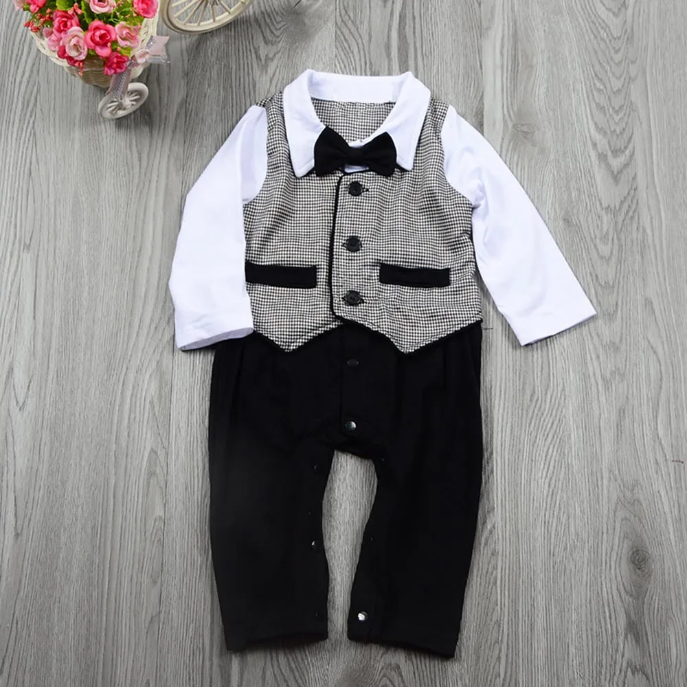 

toddler boy summer clothes 2019 Cotton summer newborn infant baby Long sleeves Plaid Vest Tie Outfits Romper Jumpsuit F410