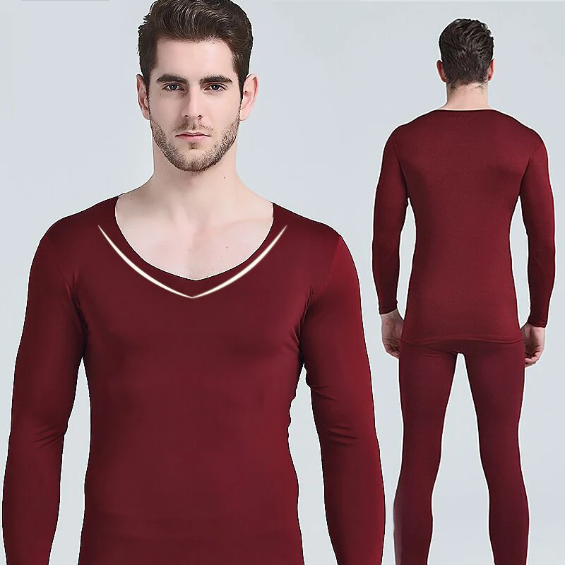 Thermal Underwear Set Men Long Johns Men Autumn Winter Tops+Pants 2 piece Set Keep Warm Thick Plus Size 4XL termica homem - Цвет: wine