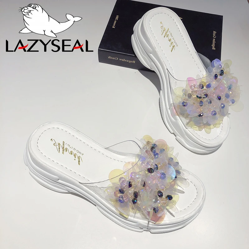 LazySeal Transparent Bling Platform Slippers Women New Summer Shoes With Crystal Diamonds Wedge Ladies Flip Flops Woman Slides