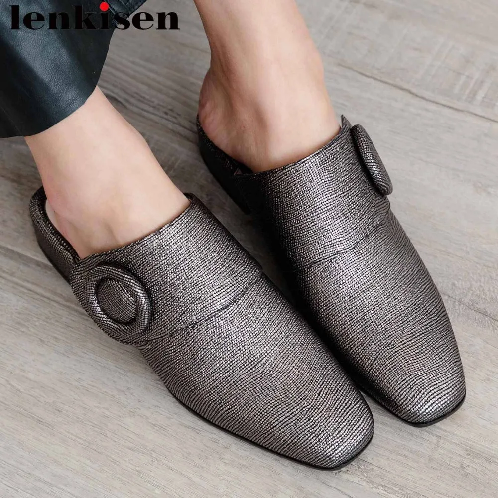 

Lenkisen hot selling full grain leather chunky heels slip on mules vintage button design square toe pretty girls party shoes L22