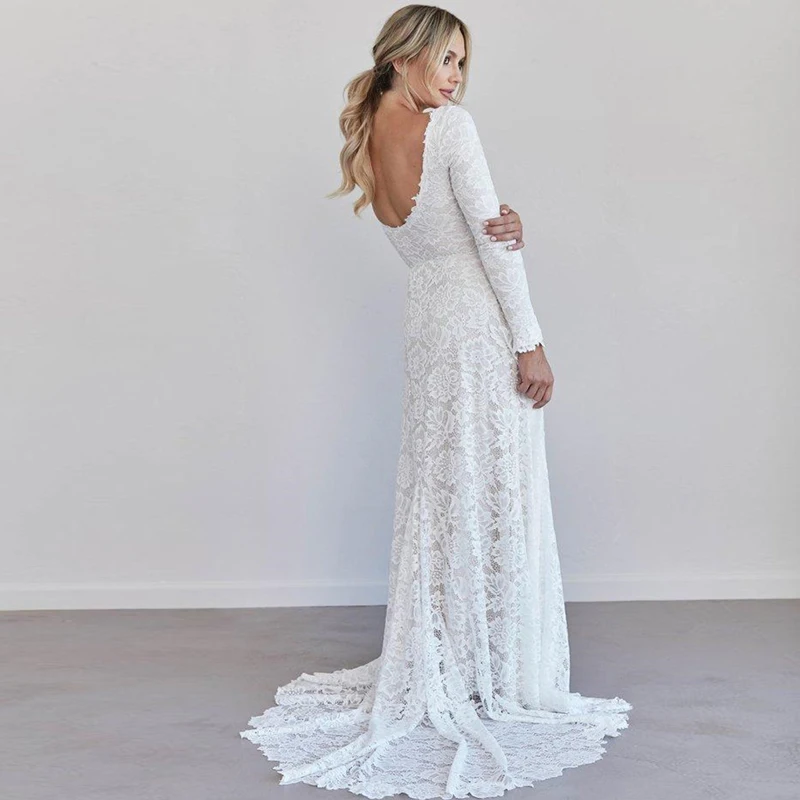 Винтажное кружевное скромное свадебное платье с длинным рукавом простое Бохо свадебное платье с низкой спинкой vestido de noiva robe de mariee mariage