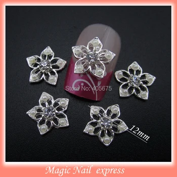

MNS425 Silver flower nail pearls alloy 3d nail art decorations nail accessories 10pcs