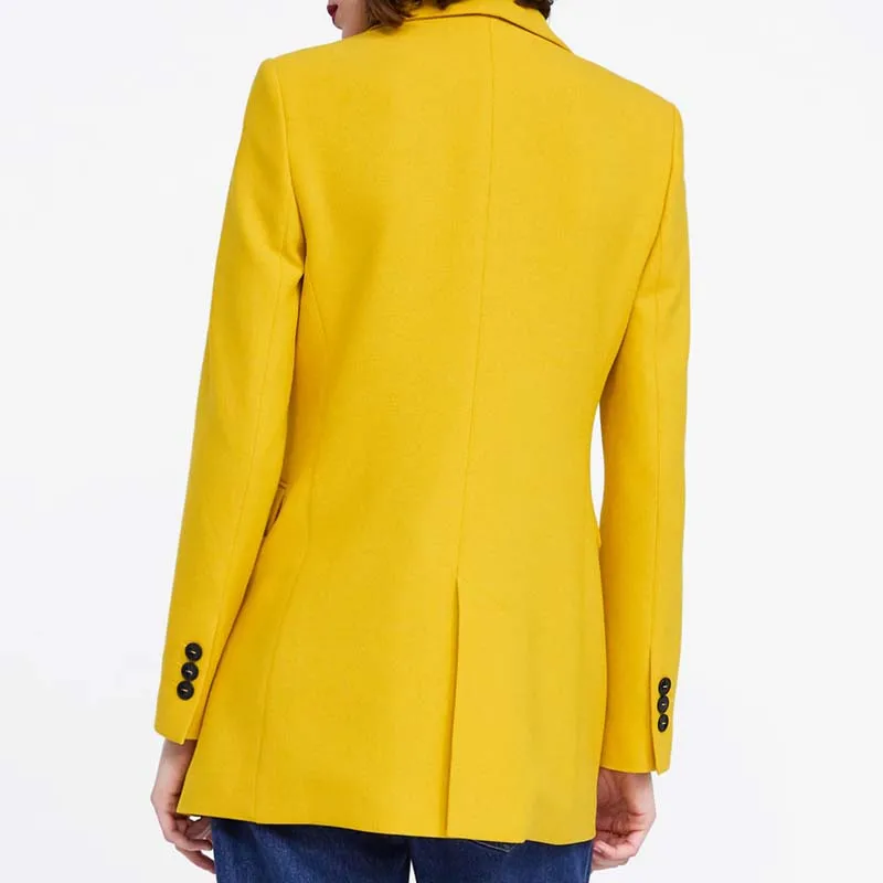 Yellow Shawl Collar Double Breasted Blazer Women Buttons Long Blazer 2019 Spring Elegant Ladies Workwear Solid Jackets AO922