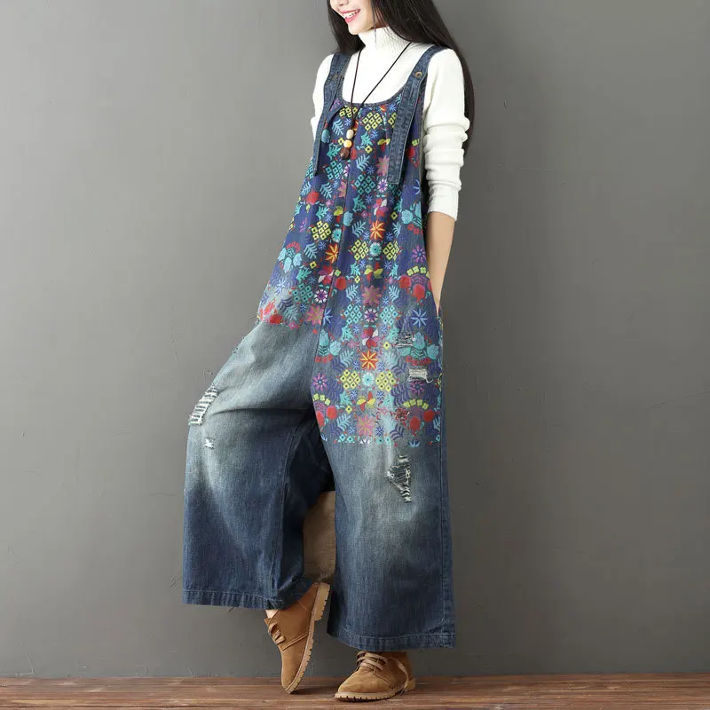 #0307 Printed Flower Hole Wide Leg Jumpsuit Woman Denim