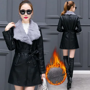 

Women Winter Season New Style PU Leather Coat Ladies Long PU Washed And Trench Coats With Belt Black Plus Size Slim Outfit