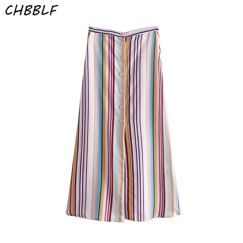 

CHBBLF women color striped midi skirt vintage female button design casual A line mid calf skirts faldas mujer