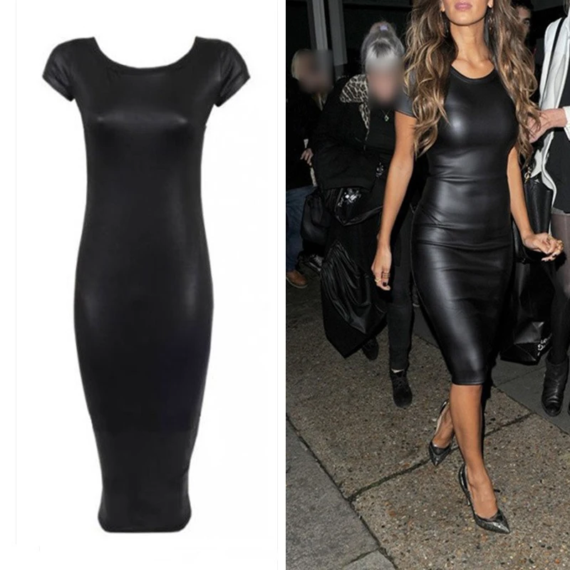 Женские черные Wetlook Midi Bodycon платье PU круглый шею с коротким/длинным рукавом платья