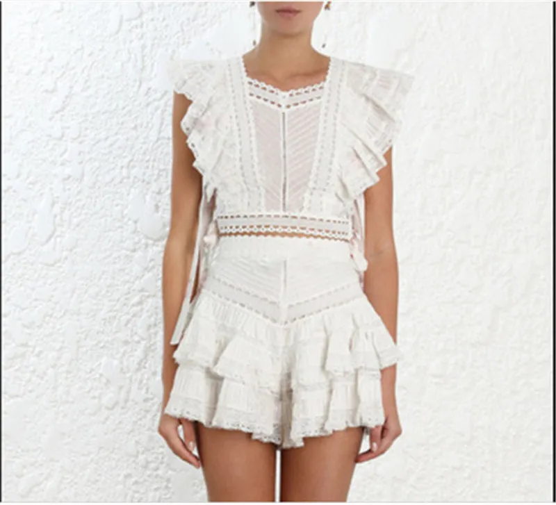 New Arrival Bohemian Women 2 Pieces Set Sexy Flower Top Blouse + Shorts Hollow Out Embroidery Ruffled Style Two Piece Set Shorts (5)