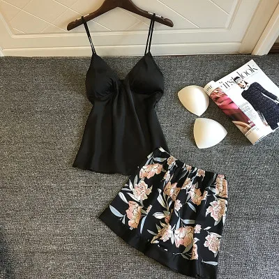 Daeyard женские пижамы шелковые 2 шт Cami и шорты Домашняя одежда сексуальное женское белье Ночная атласная пижама Femme цветочные пижамы костюмы - Цвет: black