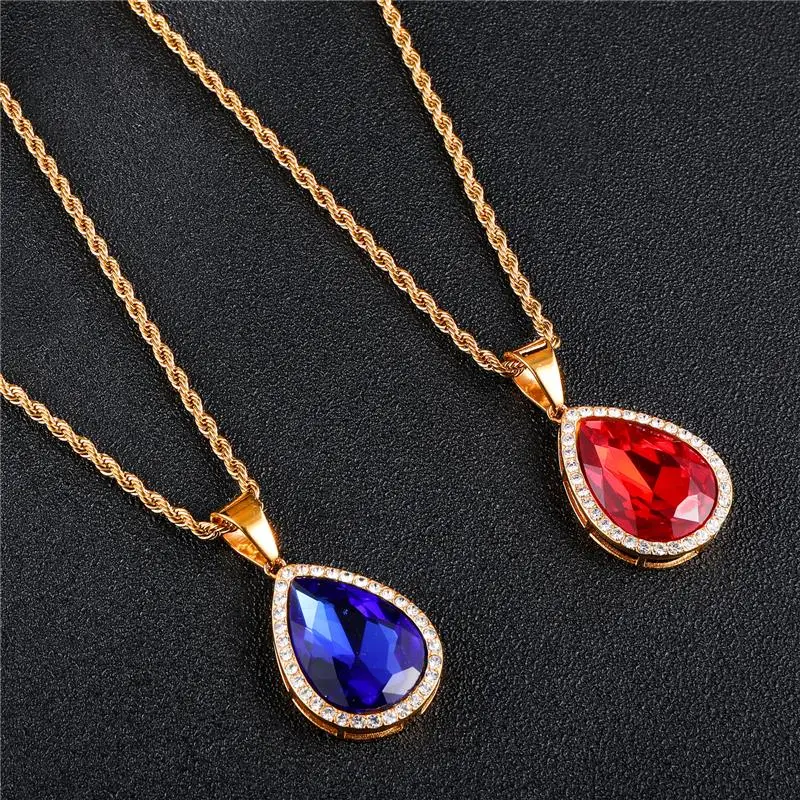 

Unisex Water Drop Shape Hip Hop Iced Out Chain Necklace Rhinestone Red Crystal Pendants & Necklaces For Women Men Jewelry