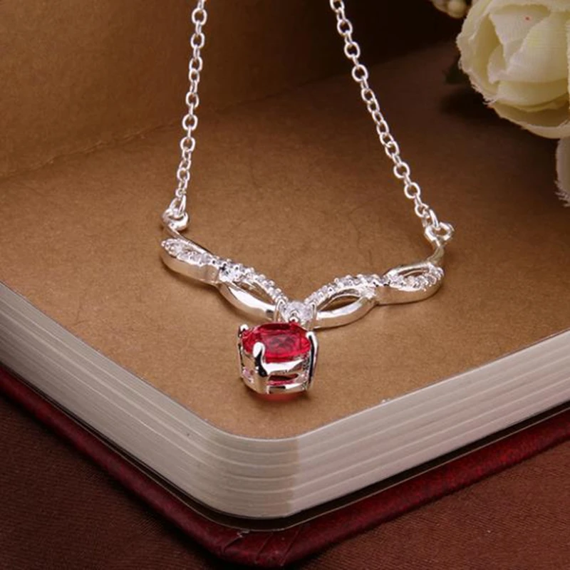 

Necklaces Silver Plated Necklace Silver 18 Inches Chain Pendant Necklaces Women's Red Crystal Jewelry Free Shipping dawa LN533