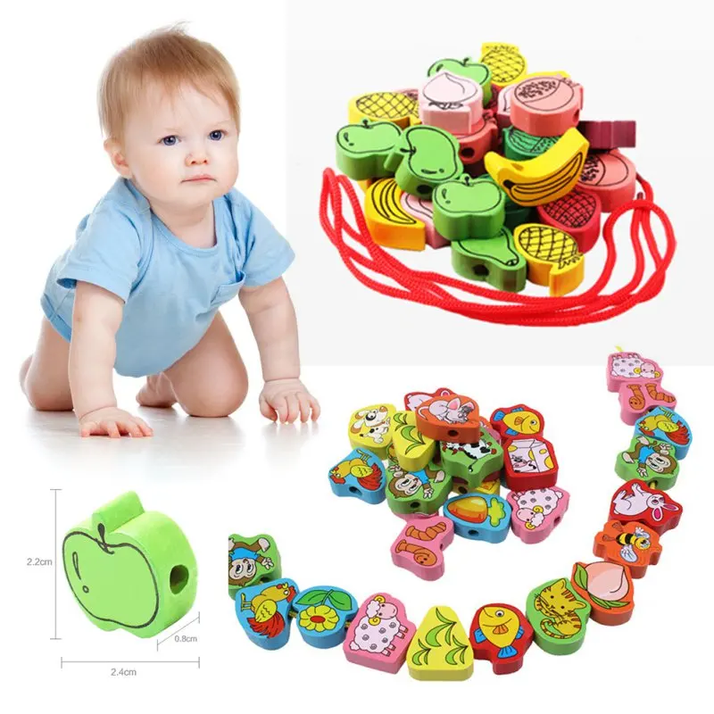 25 Pcs Baby Kids Wooden Cartoon Animal Beads+Random Colors String Threading Game