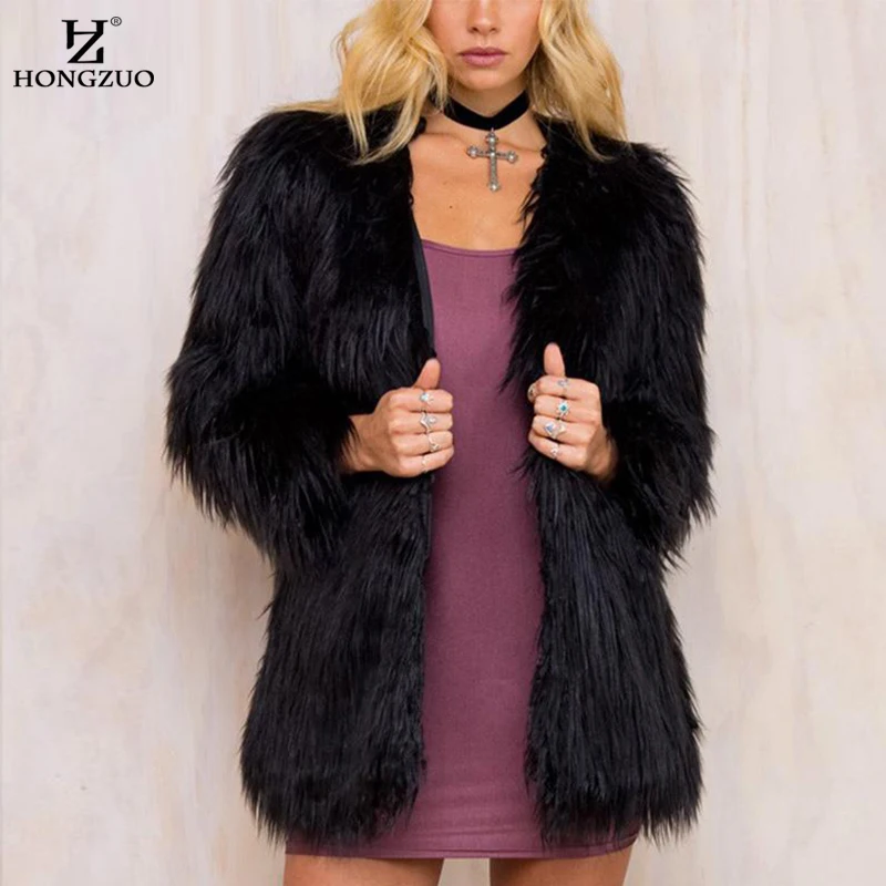 

HONGZUO 2017 Women Winter Black Elegant Fluffy faux Fur Coat Long Sleeve Faux Fur Outerwear Girl Chic White Fur Jacket PC210