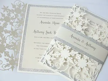 

20+Color Winter Shimmy Snowflake Laser Cut Wedding Invite with Silver Glitter Belly Band Ivory Wedding Party Invitation