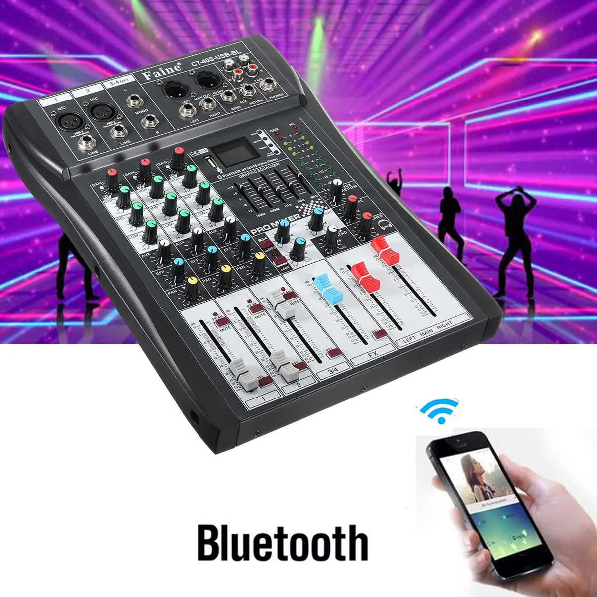 Faine 4 канала беспроводной bluetooth DJ аудио микшер контроллер DJ микшерный пульт музыка с USB светодиодный металлический экран профессиональный