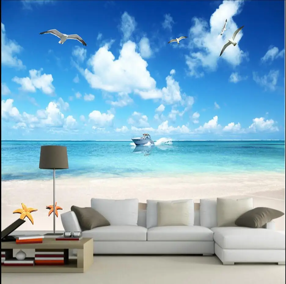 blue sky cloud sea mew bird 3d wallpaper living room wall paper