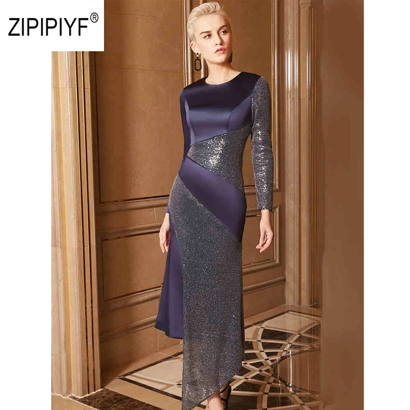 

Sexy O-neck Evening Party Dress Women Slit Bodycon Dress Autumn Long Sleeve Shinny Irregular Dresses Vestidos AB162
