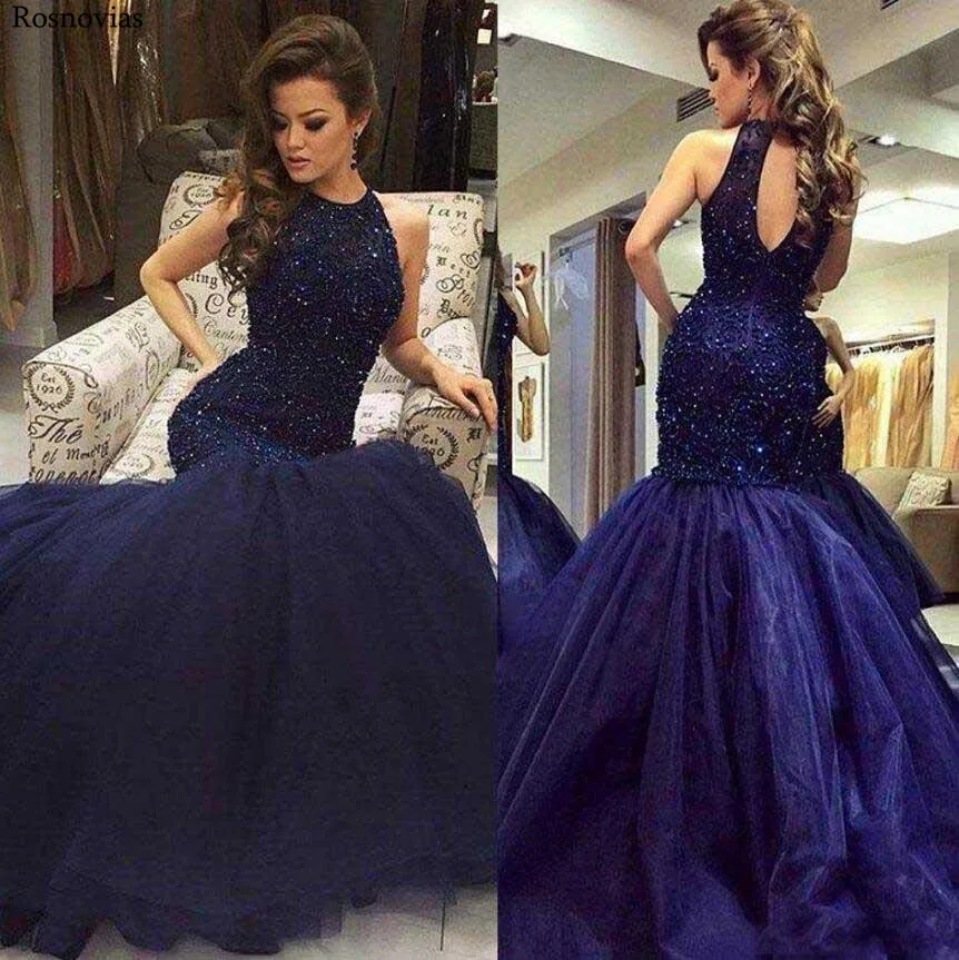 

2019 Major Beading Mermaid Evening Dresses Halter Backless Sleeveless Sweep Train Formal Party Prom Gown Robe De Soirйe
