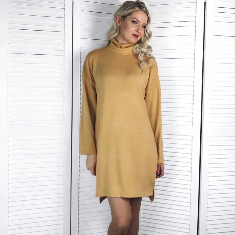 

Vintage Turtleneck Knitted Dress Women 2018 Autumn Winter Warm Sweater Dresses Casual Solid Long Sleeve Loose Dress Vestidos