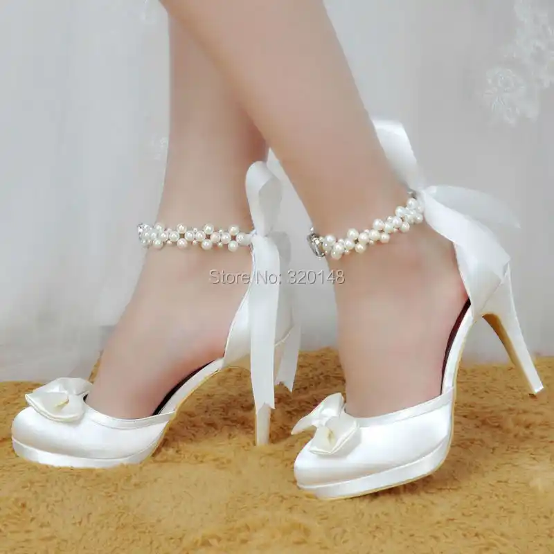 Ivory White Women Bridal Wedding Shoes Bride Ankle Strap High