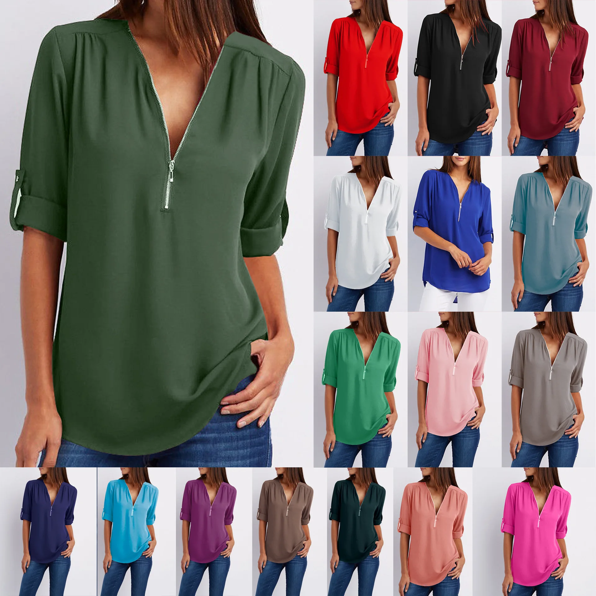 

Women Chiffon Blouse V-neck Long Sleeve Solid Color Loose Type Shirt Zipper Decoration Large Size S To 5XL Multiple Color