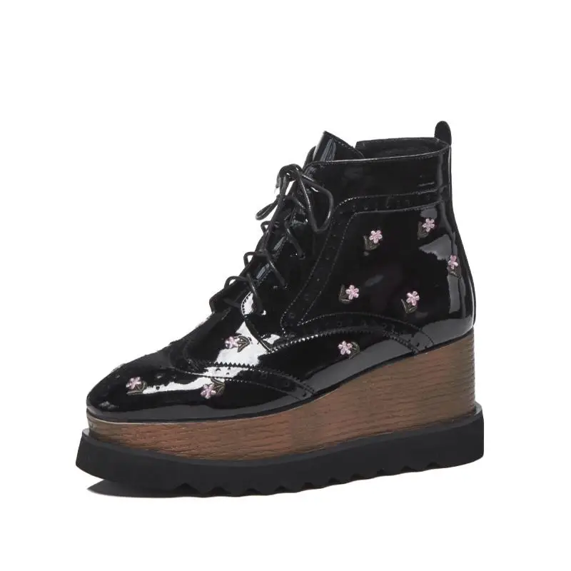 Krazing pot/Женские Дышащие туфли из лакированной кожи на высоком каблуке с цветочной вышивкой; Брендовая обувь на платформе; цвет черный, абрикосовый; L13