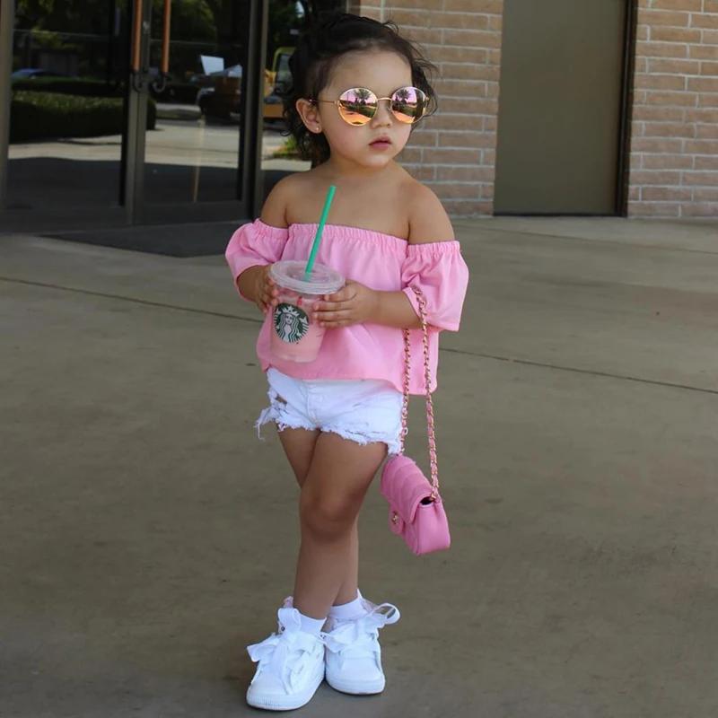 

Stylish Kids Girls Set 2018 Baby Girl Off Shoulder Pink T Shirt Tops With White Shorts Outfit Children Clothes Sets For Summer