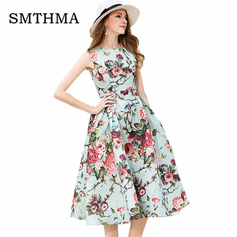 Женское платье без рукавов SMTHMA, голубое вечернее платье с цветочным принтом, лето - Цвет: picture color