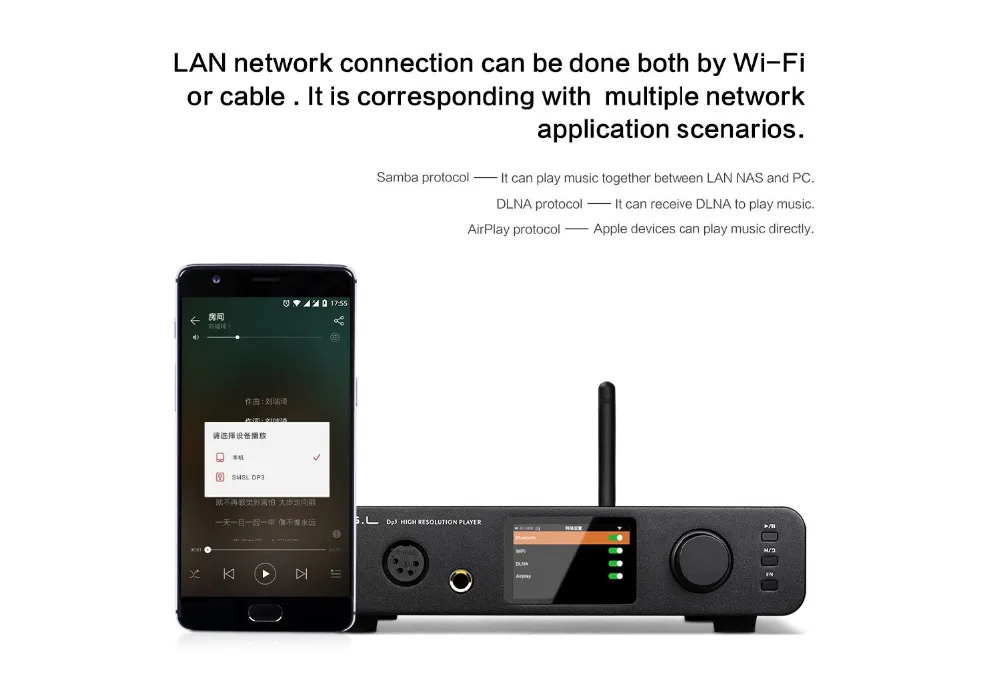 SMSL DP3 DSD USB декодер HIFI цифровой проигрыватель/жесткий диск/wifi/Bluetooth 4,0 LAN Сетевой музыкальный плеер/сбалансированный усилитель для наушников