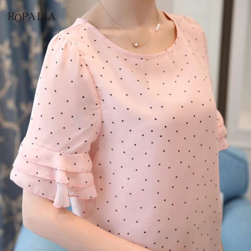 ROPALIA женские блузки летняя шифоновая блузка с коротким рукавом рубашка в горошек
