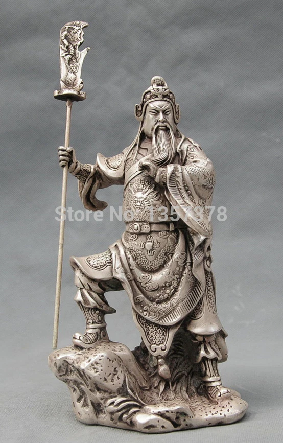 

shitou 00419 9'' China Silver Bronze Guan Gong Dragon Sword Power Dekor Statue