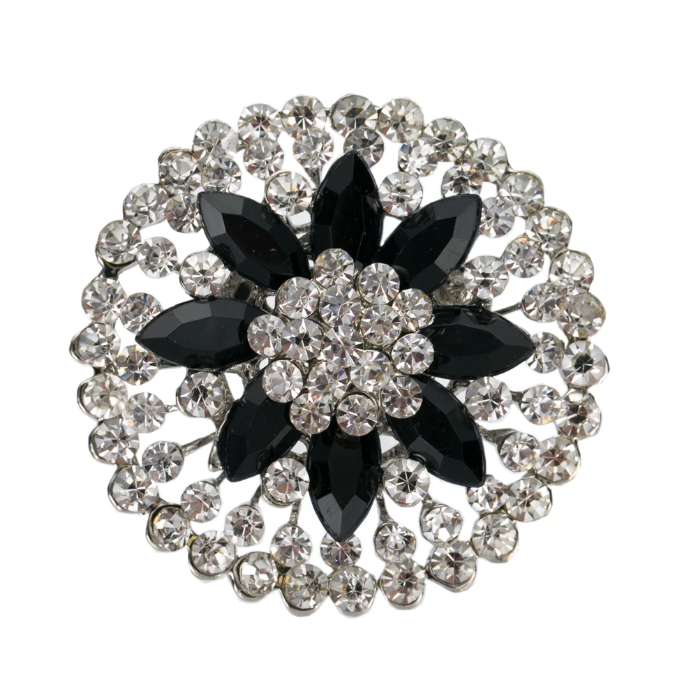 

Rhodium SIlver Plated Vintage Style Black Resin Marquise Crystal Flower Brooch Large Size 2 Inch