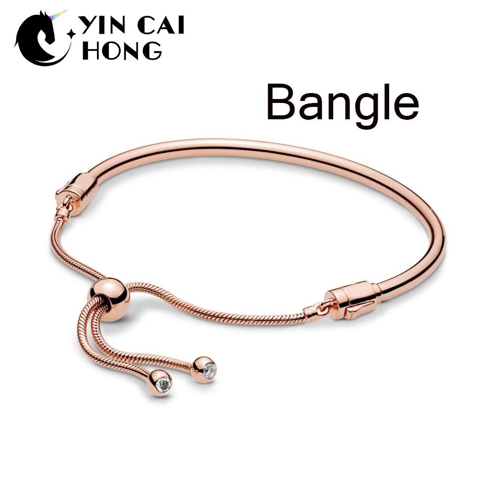 

YCH 100% 925 Sterling Silver New 2019 Spring 587953CZ ROSE Moments Sliding Bangle Adjustable Size DIY Beaded Charm Gift