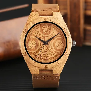 

Natural Wood Watch DR.WHO Pattern Quartz Wood Watches Mens Brown Genuine Leather Handmade Bamboo Wooden Gift Clock