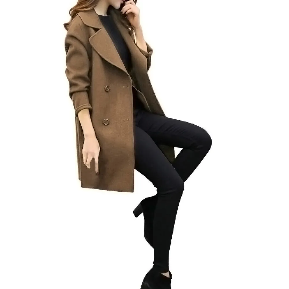 Пальто и куртка женская новая зимняя мода 3 цвета смесь длинный рукав с отворотом двубортная Осенняя элегантная ветровка кардиган тонкий - Цвет: Coffee