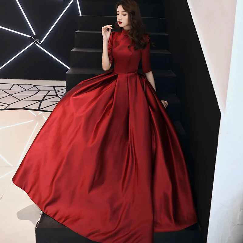 Elegant O-neck Ball Gown Evening Dresses Long 2019 Wine Red Satin Plus Size Muslim Formal Dresses For Women