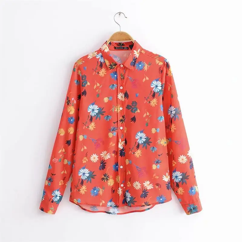 

2019 Women Fashion Floral Print Red Blouse Summer Long sleeve Turn Down Collar shirt Casual Tops Female blusas C680