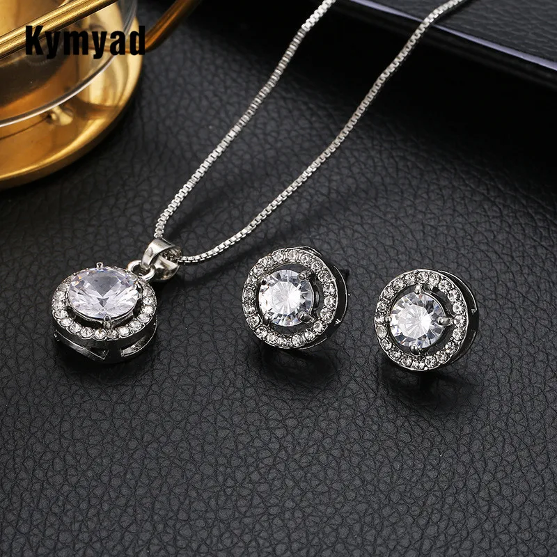 

Kymyad Luxury Jewelry Sets For Women Crystal Circular Pendant Necklace Earrings Set Crystal Costume Bridal Wedding Jewelry Set