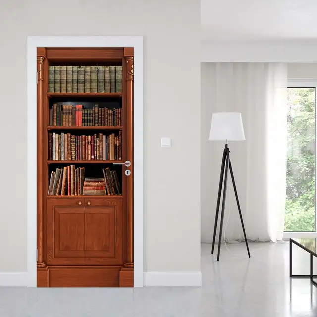 Creative 3d Door Sticker Classic Bookshelf Bookcase Diy Home Decor