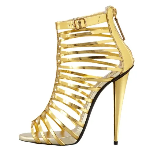 Gold Patent Leather Open Toe Gladiator Women Sandal Shoes Ankle High Short Summer Boots Sandals Hollow Out High Heels Stilettos