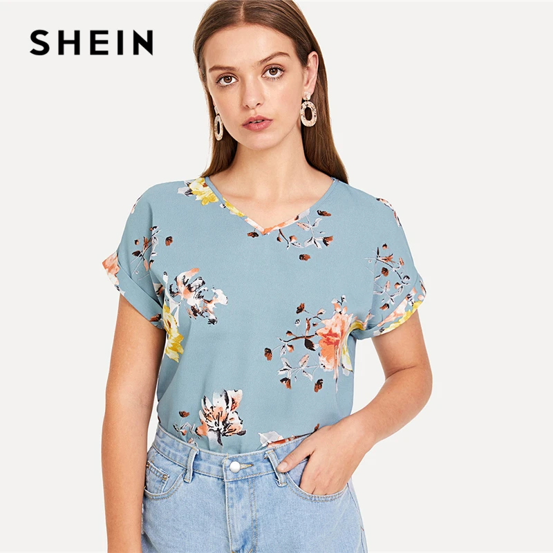 SHEIN Roll Up Sleeve Floral Top Blue V Neck Short Sleeve Pullovers ...