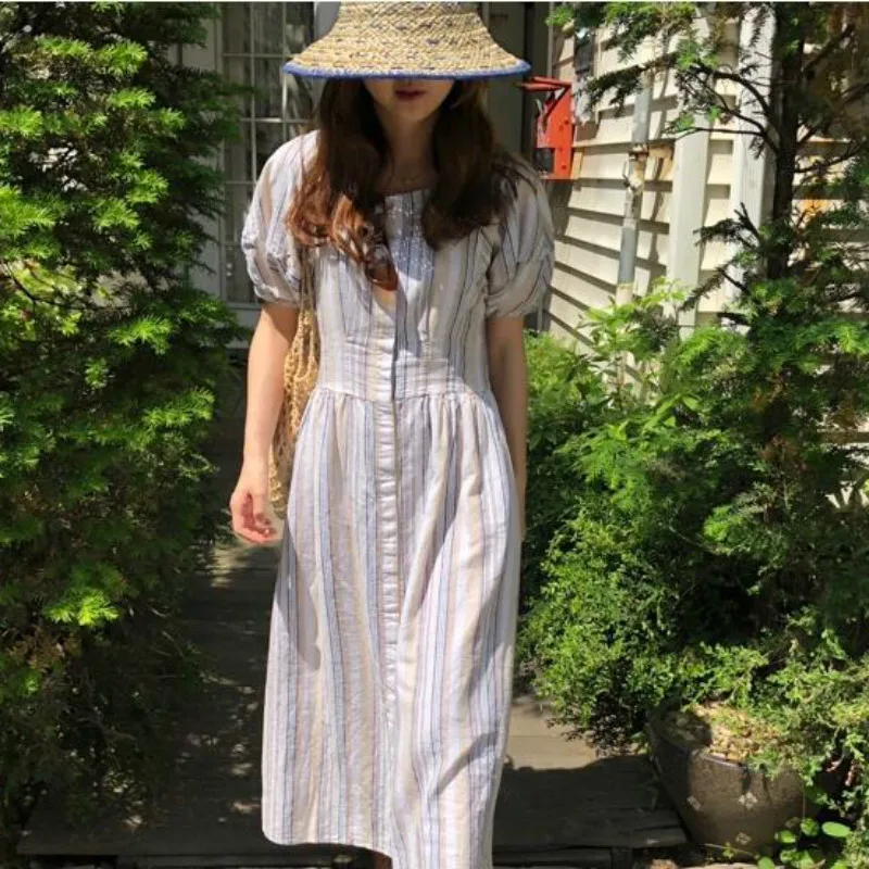 

Women Summer Long Cotton Linen Striped Dress A-line Slim Waist Vestidos Split Casual Robe Femme Sukienki Jurken Sundress