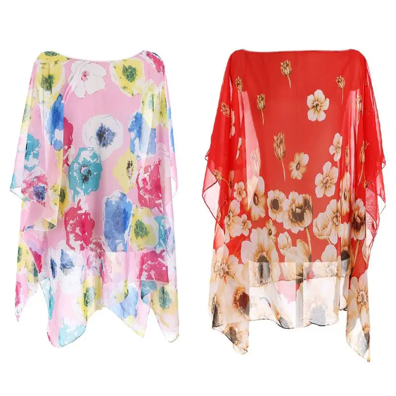 

Womens Travel Outdoor Sunproof Bikini Cover Up Vintage Colored Large Floral Printed Pullover Kimono Tops Semi-Sheer Side Split C