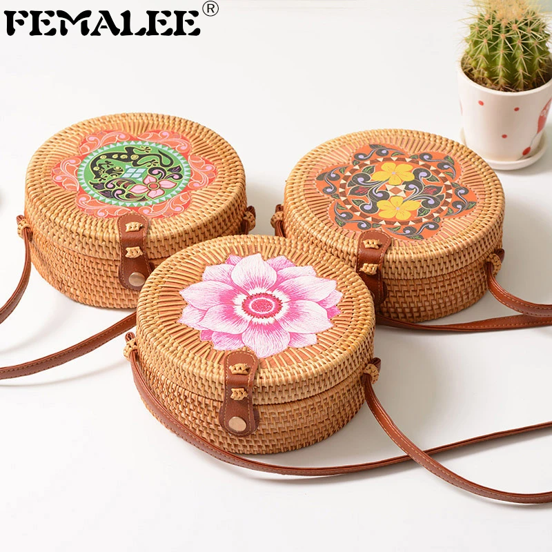 

FEMALEE Round Rattan Bag Print Vintage Handmade Shoulder Sen Butterfly Bag Circle Straw Woven Bag Cross Body Summer Bali Bags