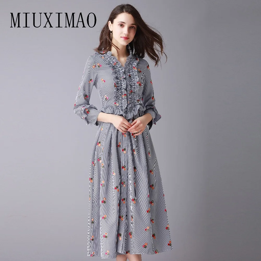 

2018 High Quality Spring & Summer Newest Europe Style A-Line V-Neck Full Sleeve Striped Patchwork Print Mid-Calf Dress Women