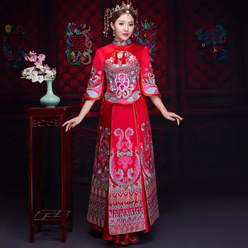 

Red Formal Tassel Classic Cheongsam Suit Traditional Slim Full Length Qipao Classic Women Wedding Dress Vintage Toast Clothing